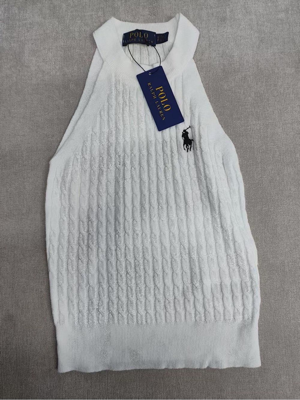 Polo by Ralph Lauren White Cable Knit Halter Tank Top with Navy Pony